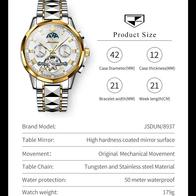 JSDUN-Reloj de pulsera de acero de tungsteno para hombre, cronógrafo multifuncional de lujo, resistente al agua hasta 50ATM, fase lunar, 8937