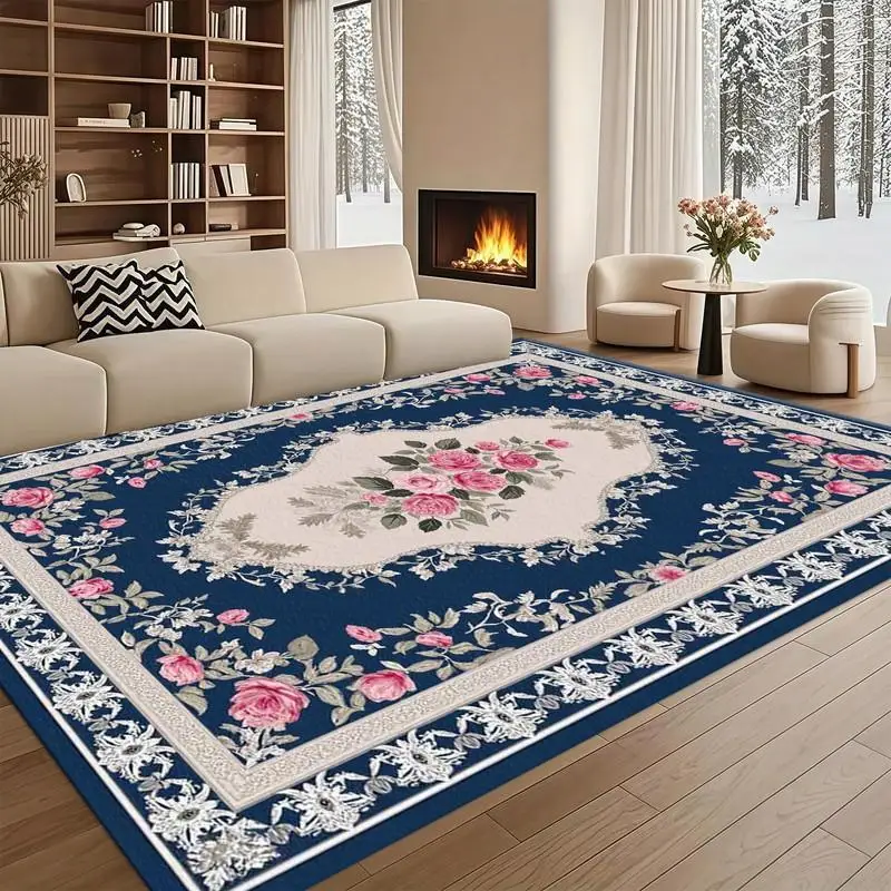 Vintage Floral Rose Area Rug, Navy‑Blue Background Pink Flower Ornate Border Floor Carpet, Traditional Elegant Decor Rug for Living Room Bedroom Entryway Home Decoration