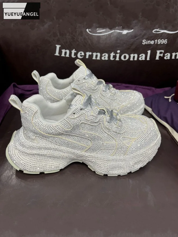 

Fashion New Women Comfortable Lace Up Diamonds Mesh Spliced Thick Platform Shoes Casual Joggers Sneakers Trainers Mid Heel Pumps