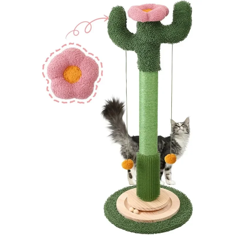 

37.8" Tall Cat Scratching Post, Cactus Flower Cat Scratch Post with Natural Sisal Rope, Ball Track and Self Groomer Brush