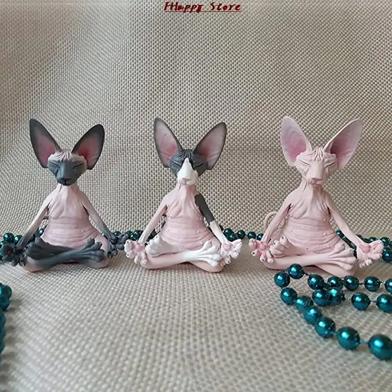 Home Decor Sphynx Cat Meditate Collectible Figurines Miniature Buddha Cat Figurine Animal Model Doll Toys Hairless Cat Figurine