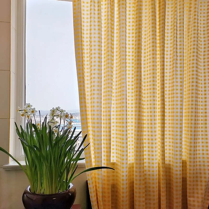 Yaapeet Buffalo Plaid Semi Sheer Curtains Light Filtering Refresh Yellow&White Voile Checkered Curtain for Window Treatments