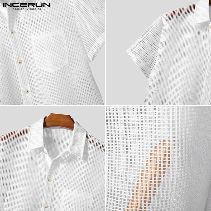 INCERUN 남성용 메쉬 속이 비치는 라펠 반팔 셔츠 & 반바지 투피스 세트 스트릿웨어 섹시 남성 캐주얼 슈트