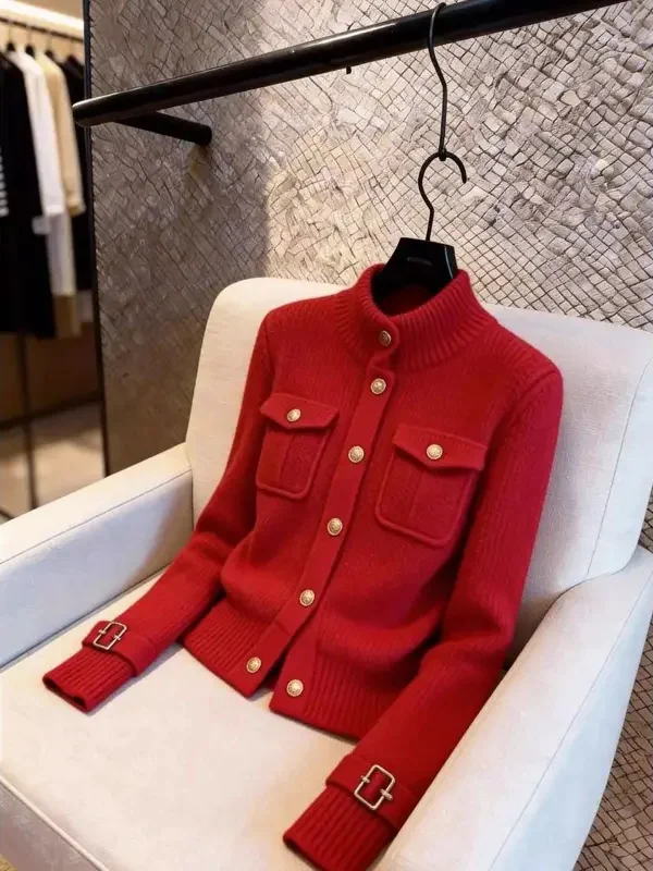 

Красный вязаный свитер женский свободного кроя с высоким воротником, модный универсальный теплый кардиган на весну, Luy Year