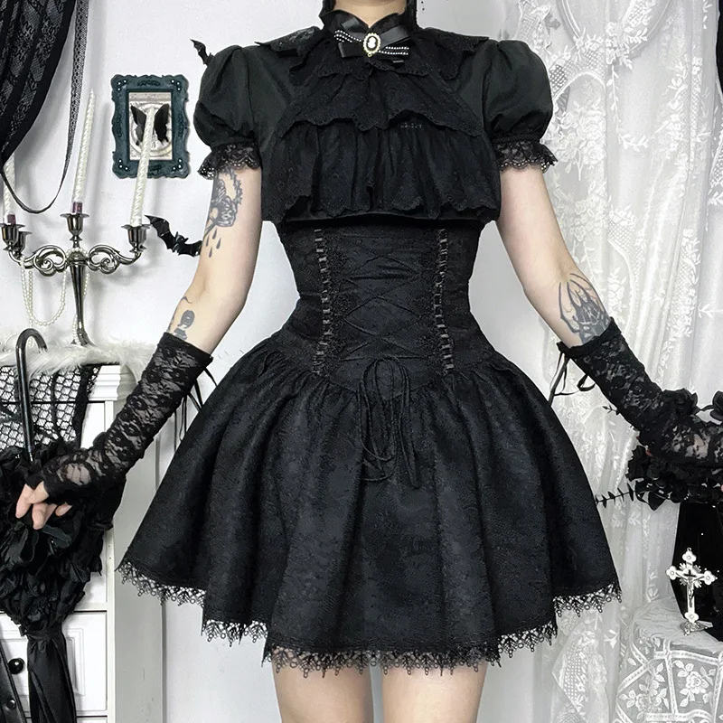 Goth Dark Fashion Girdling Waist Bandage Mini Skirts Mall Gothic Lace Patchwork Pleated Skirts for Women Teachwear Fairy Outfits