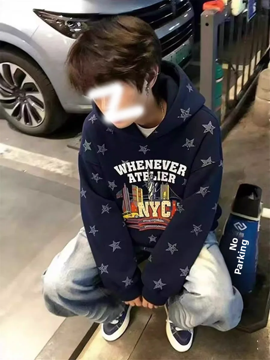 

Ретро-американская толстовка с капюшоном на флисовой подкладке, свободного кроя, с принтом, теплая, утолщенная, из хлопка и шерсти, для мужчин и женщин