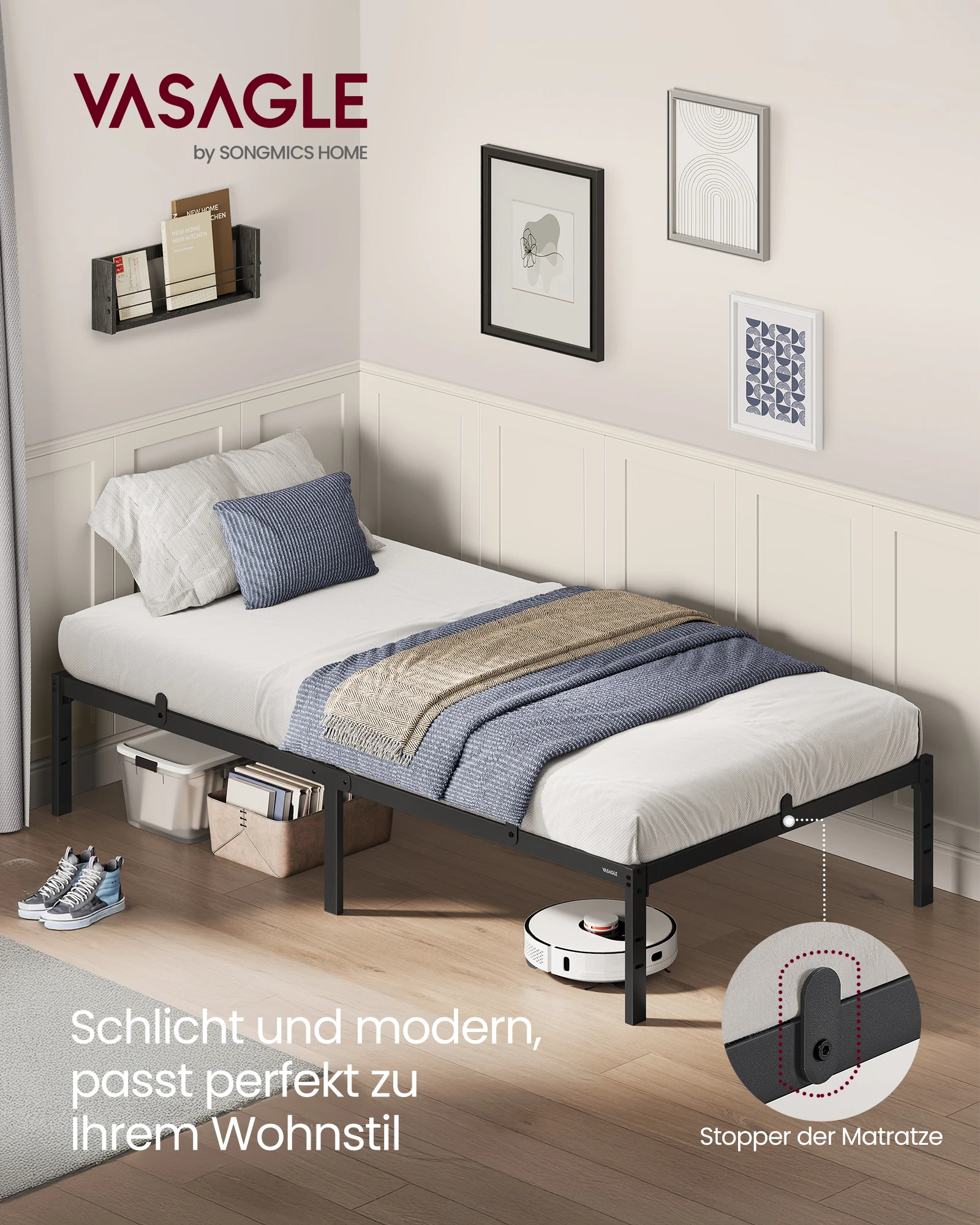 VASAGLE Bett, Metallbett, Bettrahmen, Unterbettaufbewahrung, modern, Gästebett, einfacher Aufbau