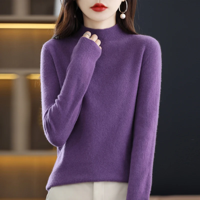 Autumn Winter New Women's 100% Wool Sweater Cashmere Half-high Collar Pullover Wild Pure Color Casual Fashion Long Sleeve Tops