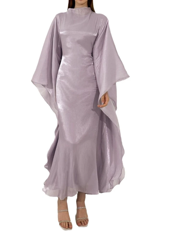 Eid Ramadan Muslim Women Silky Dress Baw Sleeve Maxi Long Dresses Party Abaya Morocco Kaftan Vestidos Dubai Turkey Robe Jalabiya