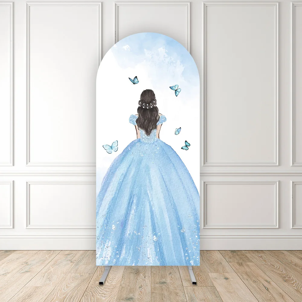 

Mehofond Princess Back Shadow Arched Backdrop for Birthday Party Girl Blue Dress Butterfly Decor Photo Backgrund Elastic Props