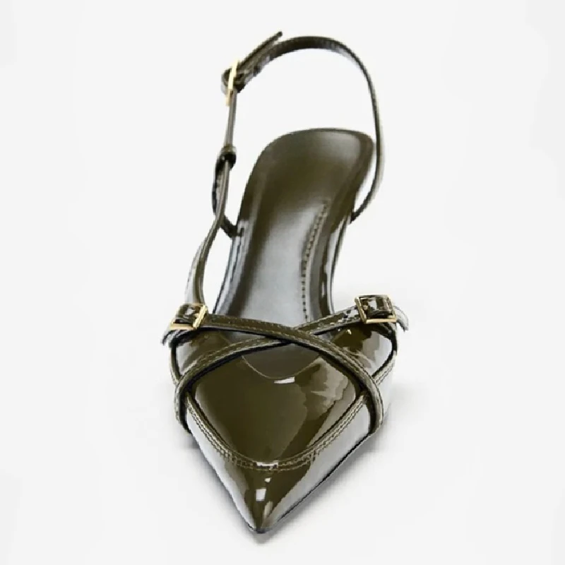 مثير الكاكي الأخضر براءات الاختراع والجلود مضخات النساء أزياء عبر تعادل حزام الظهر مشبك مصمم حذاء مثير وأشار كعب رقيقة اللباس الحذاء #3