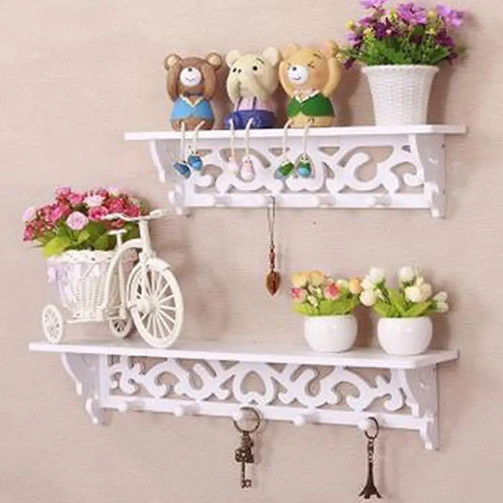 Wall Storage Rack Nordic Style White Carved Hollow Wood Wall Hanging Rack Handicraft Display Storage Holder Sundries Shelves