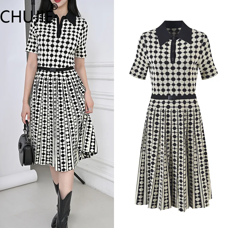 

Polka Dot Belted Dress - Waist Cinching Slim Fit - French Inspired Style - Viscose Blend - Spring Summer