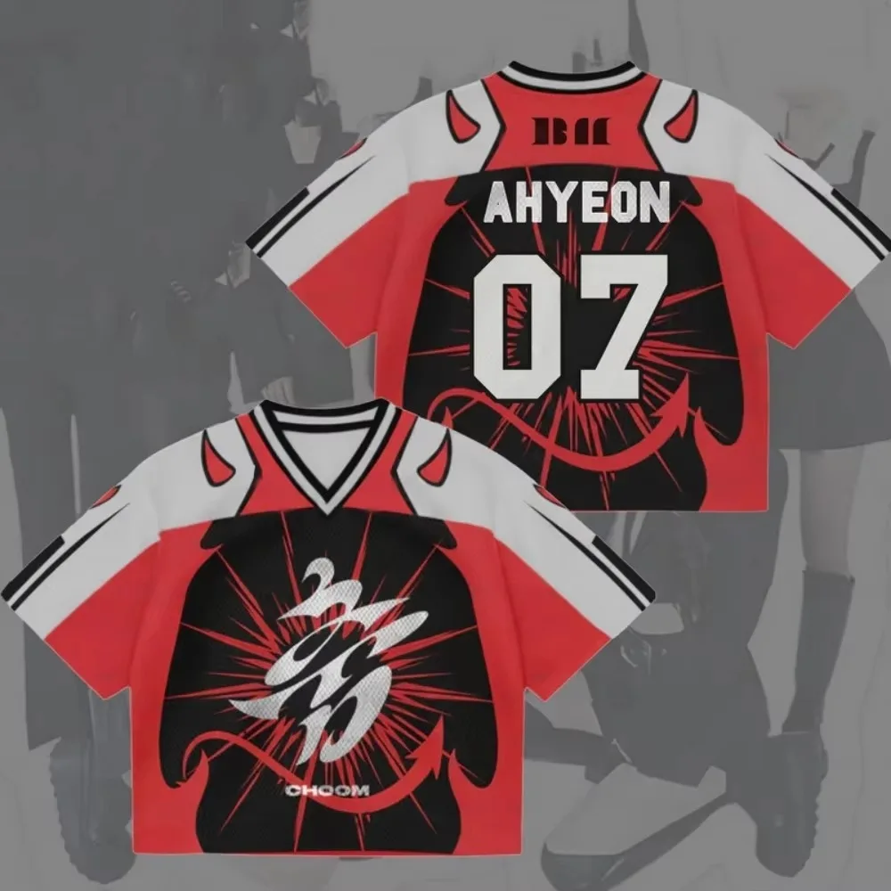 New Family Matching Kpop Ahyeon 07 Devil Horn Contrast Color Football Jersey Parent-Kid Mesh Streetwear Casual Fan Tee