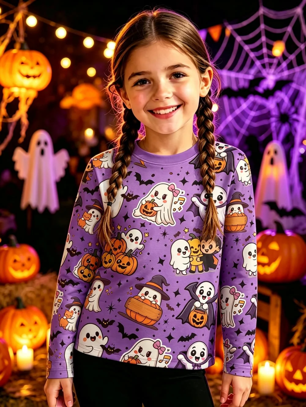 Halloween Skull Pumpkin Print Girl's T-Shirt Pullover Autumn Casual Long Sleeve Top Round Neck Holiday Party Children's Clothing