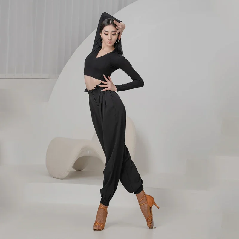 Latin Dance Pants Women 2024 New Multi Button High Waist Latin Trousers Adult Ballroom Dance Practice Tap Dance Clothes