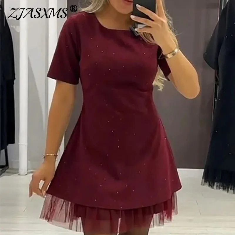 2026 Spring Fashion Diamond Patchwork Mesh Mini Dress Woman Elegant O Neck A-Line Dress New Summer Short Sleeve Slim Party Dress