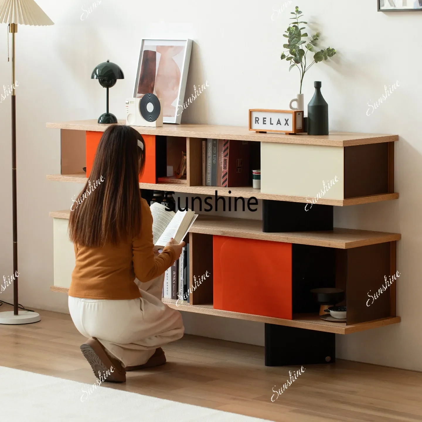 Living room multi-layer solid wood simple wall bookshelf T*