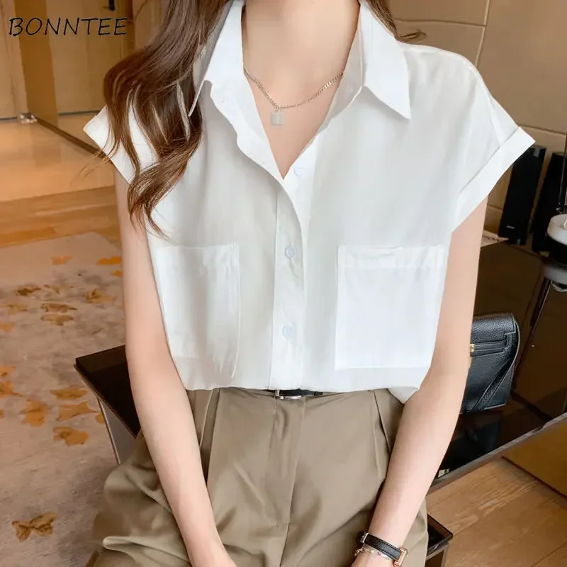 

Рубашки женские, винтажные, однотонные, с карманами, уличная одежда, летняя офисная женская базовая элегантная одежда меньшинств, официальная минималистичная новинка Ulzzang