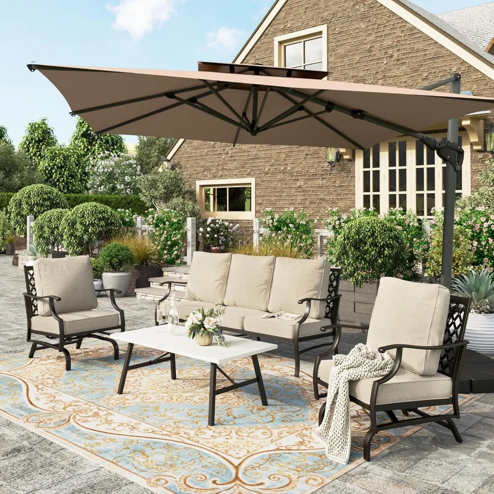 4 Piece Patio Furniture Set, 2 x Rocking Metal Frame Cushioned Chair,3-Seat Sofa with Marbling Coffee Table, All Weather Outdoor