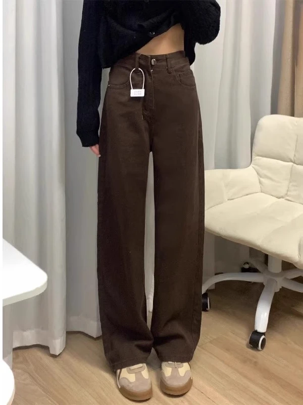 

Brown Wide Leg Straight Cut Jeans Women's plus Size Pear ape Slimming Trousers Spring Season High Waist Long Pants