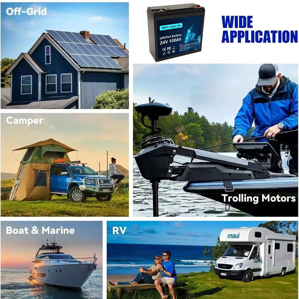 100Ah 150Ah 200Ah Lifepo4 Battery, 24V Lithium iron phosphate Rechargeable Cell For DIY 24V RV Solar Camping Grade A 6000 cycle