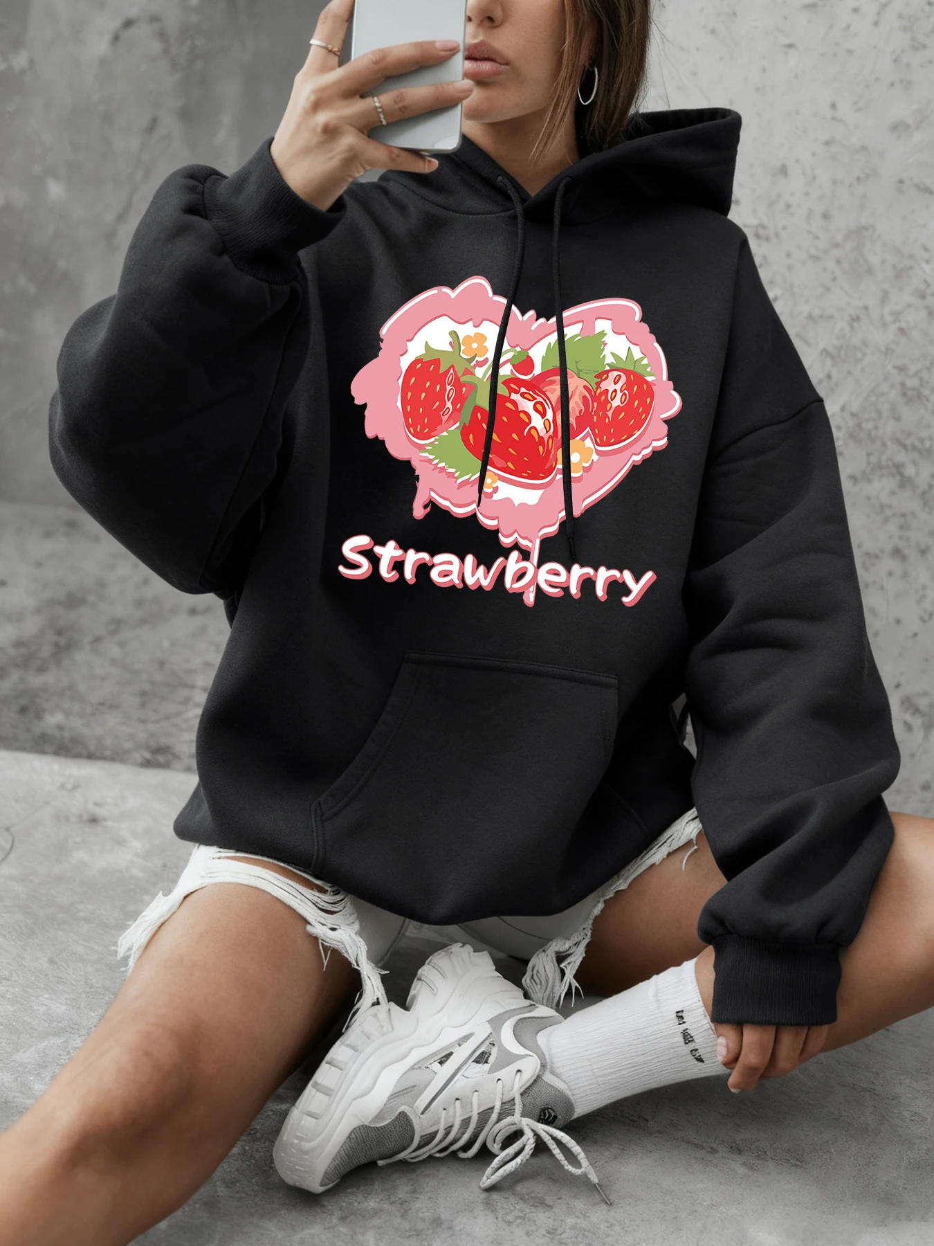 القلب الفراولة تصميم طباعة الشارع قمم المرأة مريحة الدافئة هوديي بلوزات الشتاء الناعمة طويلة الأكمام البساطة الملابس #3