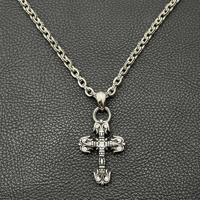 

S925 Стерлингового Серебра Премиум Винтаж Полный Алмазный Пламенный Крест Ожерелье Хип-Хоп Трендовый Кулон Классический