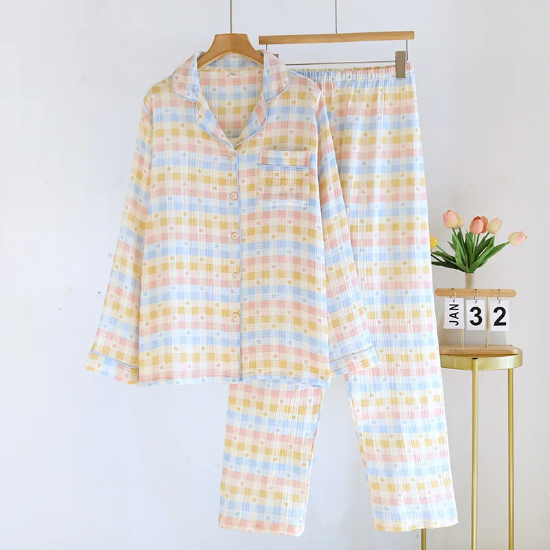 2025 Frühjahr/Sommer Neue frauen Pyjama Set 100% Baumwolle Crepe Kragen Liebe Plaid Langarm Lange Hosen Hause kleidung Set Damen