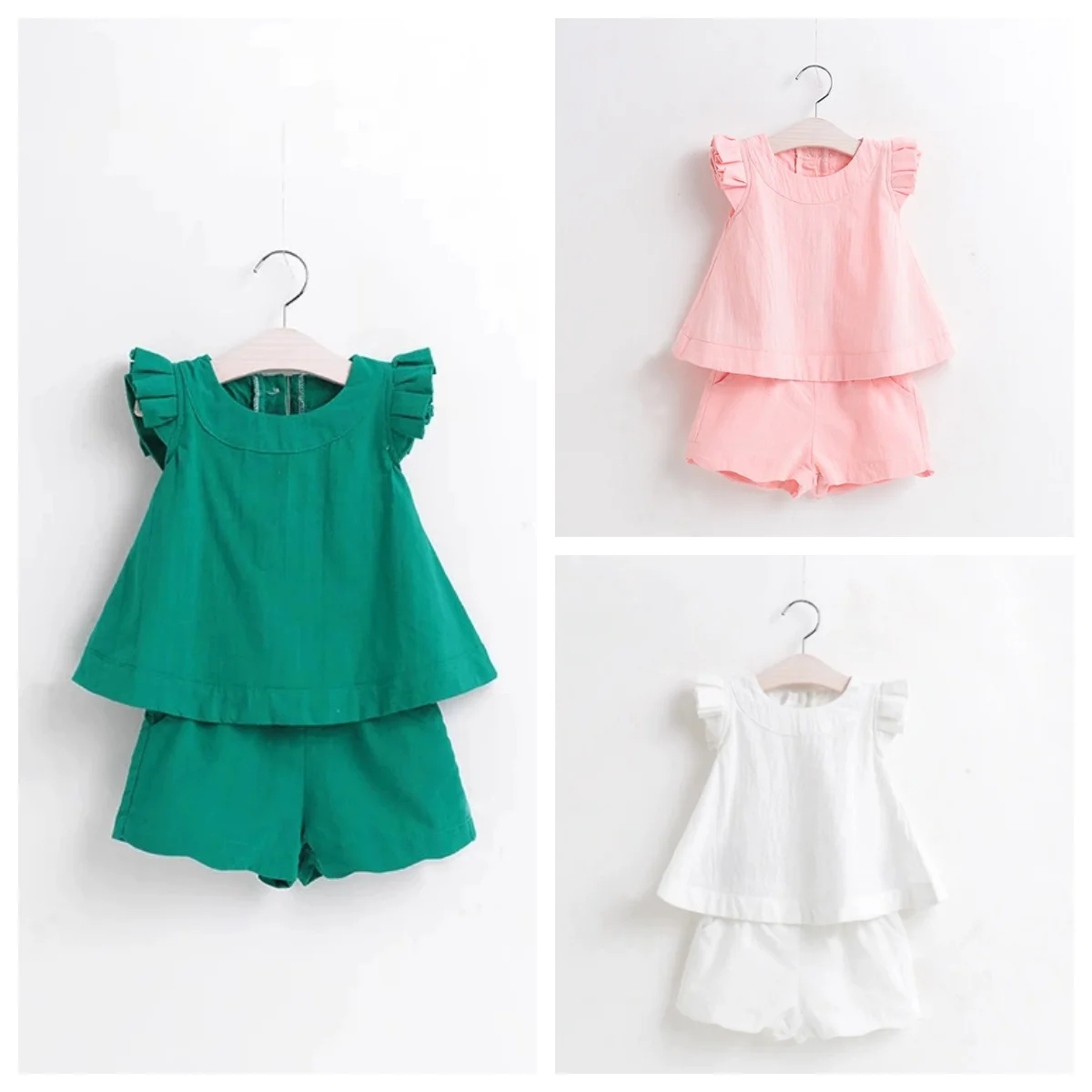 1-5Y Baby Girls 2‑Pcs Outfit Set Ruffle Sleeveless Tops+Shorts Summer Korean Style Solid Color Casual Kids Clothes Drop Shipping