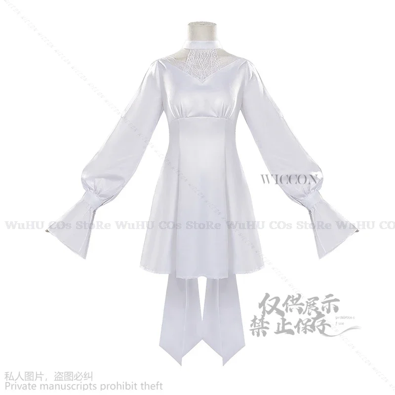 Juego de Anime FF14 Ryne Lolita Minfilia, disfraz de Cosplay blanco, bonito vestido de encaje, peluca de juego de rol, pelo largo y liso, fiesta de Navidad para mujer