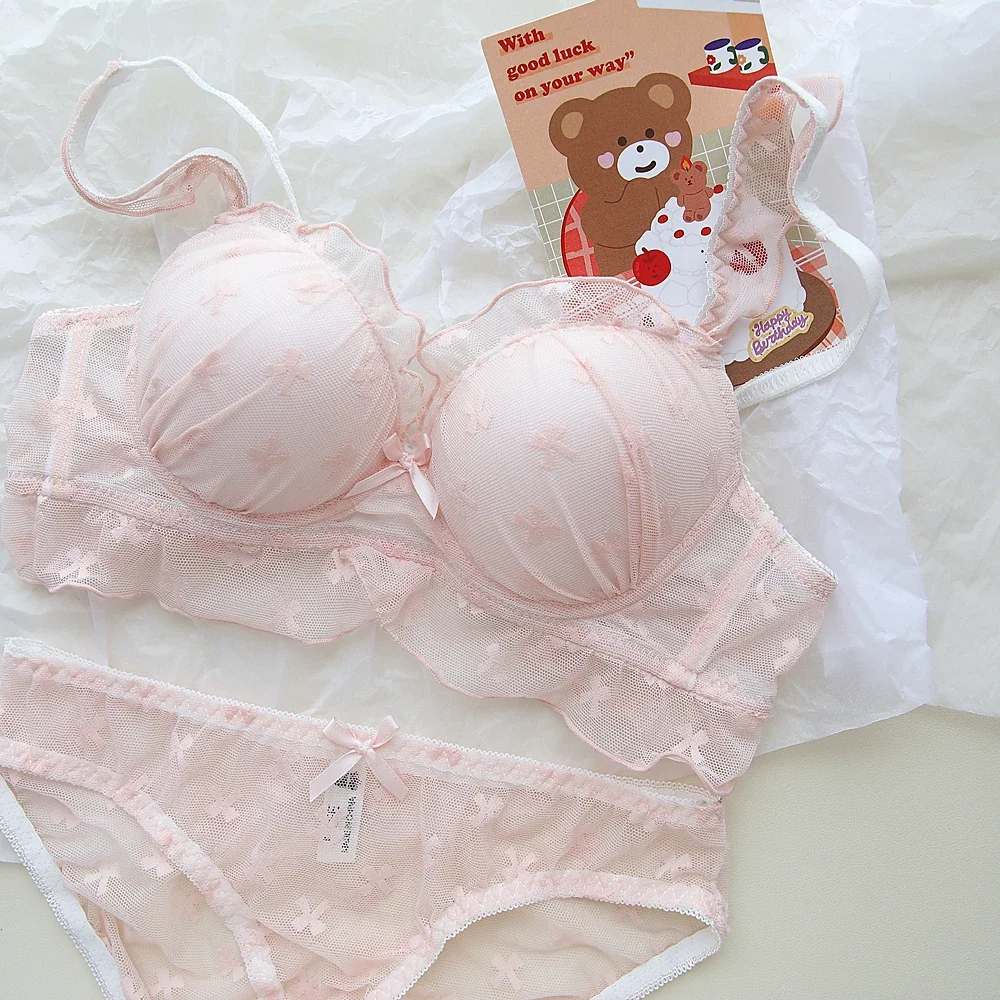 

Нижнее белье для девочек-бабочек, тонкая чашка, маленькая грудь, собранное нижнее белье без стального кольца, удобный сексуальный комплект с бюстгальтером, сладкий