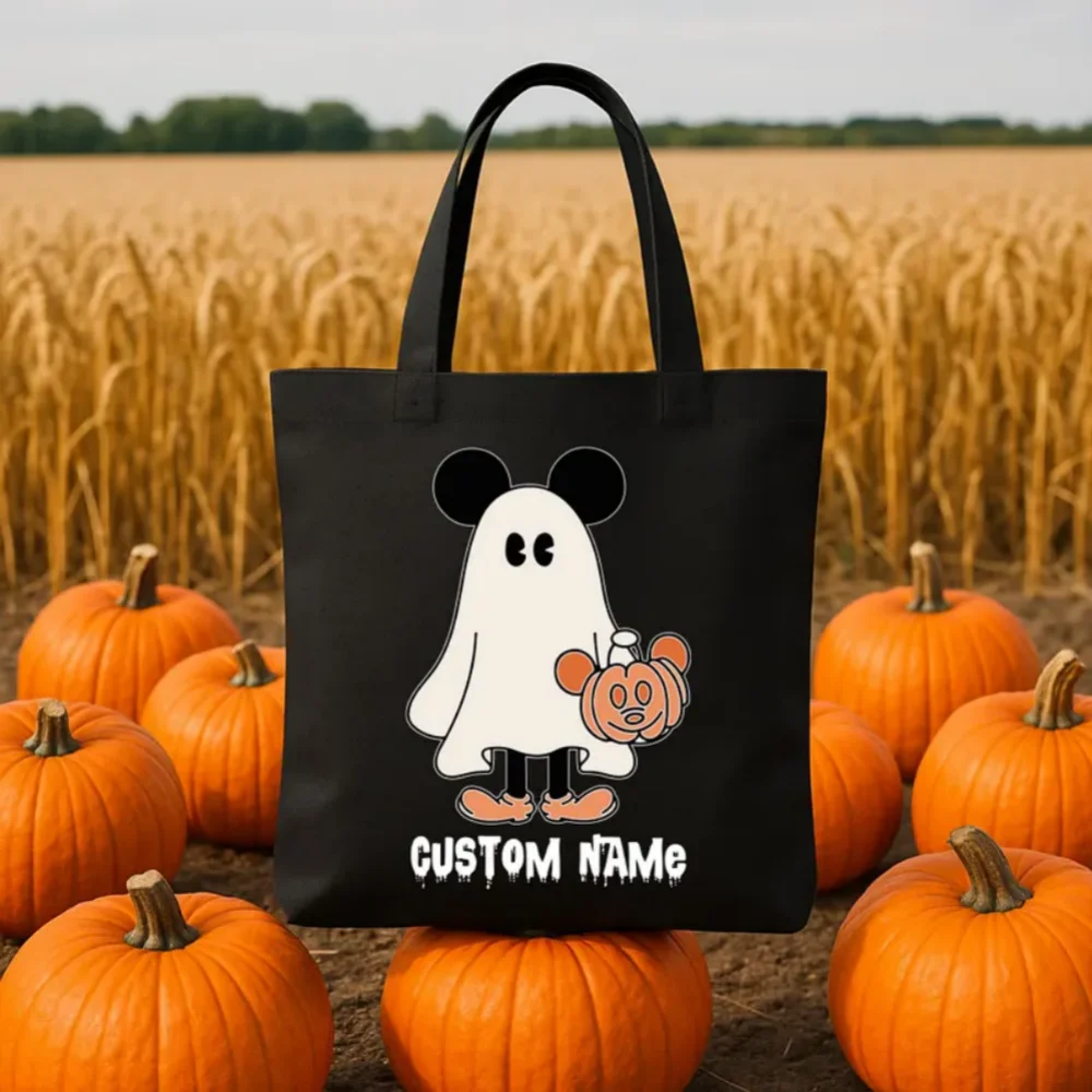 حقيبة حمل مخصصة للهالوين، حقيبة خدعة أو علاج لشخصية شبح، حقيبة يقطين تحمل اسم مخصص، حقيبة حلوى الهالوين للأطفال، حقيبة ميكي ميني