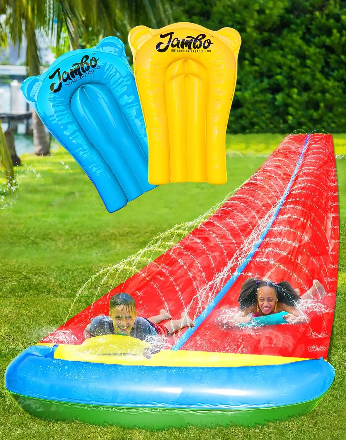 

24Ft XL Slip Splash and Slide with Inflatable Crash Pad and 2 Bodyboards, Heavy Duty Lawn Water Slide Summer Water Toy with Spri
