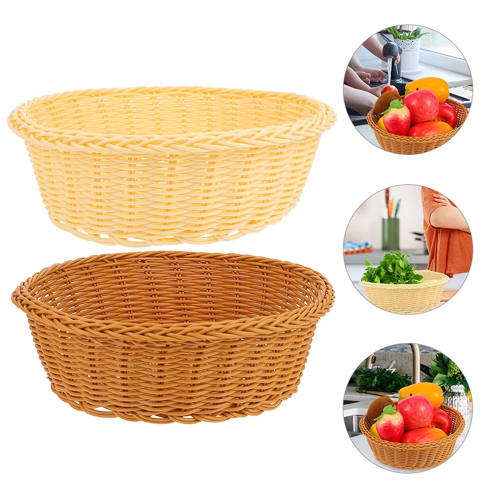 2 Pcs Storage Basket Tabletop Baskets Small Bread Warming Household Rustic Bowl Plastic Rattan Fruit Daily Sundries Round