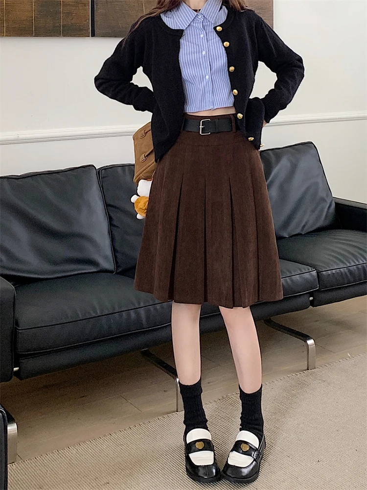 REDDACHiC Retro Brown Corduroy Knee Long Skirt Women Solid Casual High Rise A-line Pleated Skirt Autumn Winter Korean Streetwear