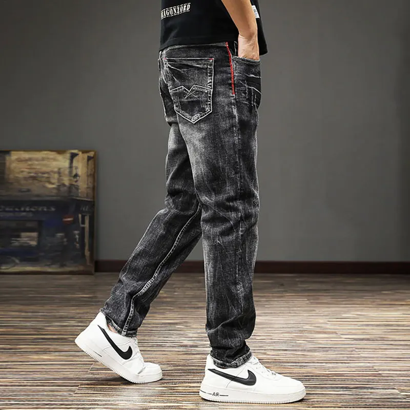 Fashion Vintage Men Jeans High Quality Retro Black Gray Stretch Slim Fit Ripped Jeans Men Italian Style Designer Denim Pants