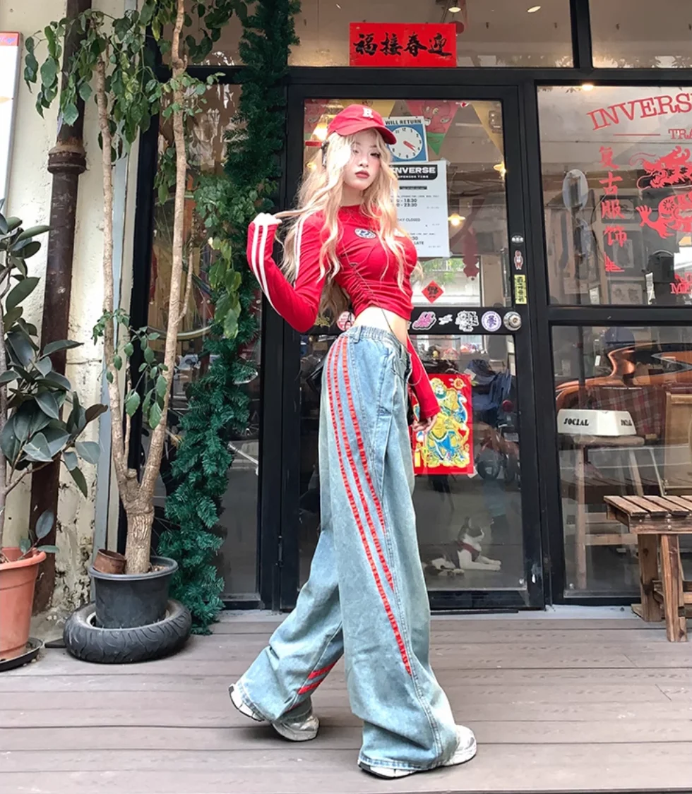 

American High Street Style High-end Niche Fashionable Autumn Designed Hot Girl Striped Splicing Loose Wide-leg Jeans for Women