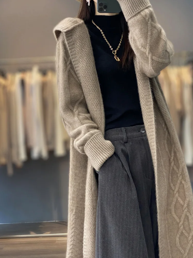 Autumn Winter 100% Merino Wool Women's Cardigan Long Sleeve Sweater Coat Loose Warm Cashmere Knitwear Fashion Female Long Coat