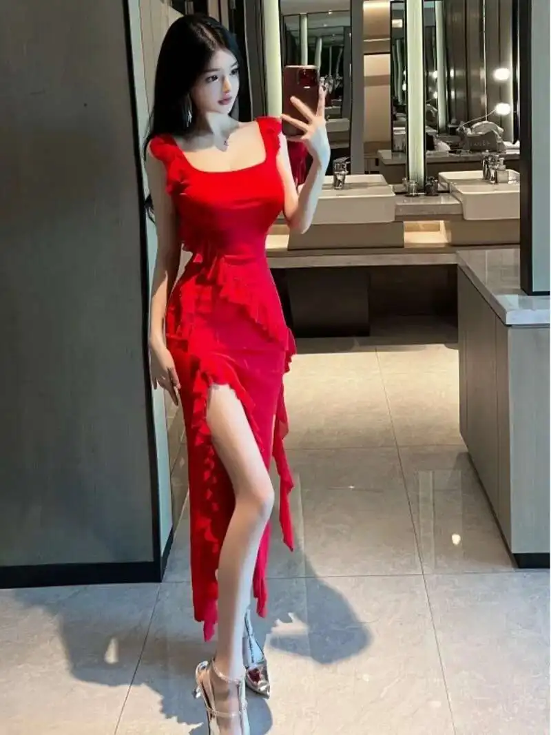 WOMENGAGA Sexy Spicy Girl Nightclub High Split Ruffle Dress Elegant Red Long Dress Slim Dress Girl Fashion Robe Womne Tops N93U