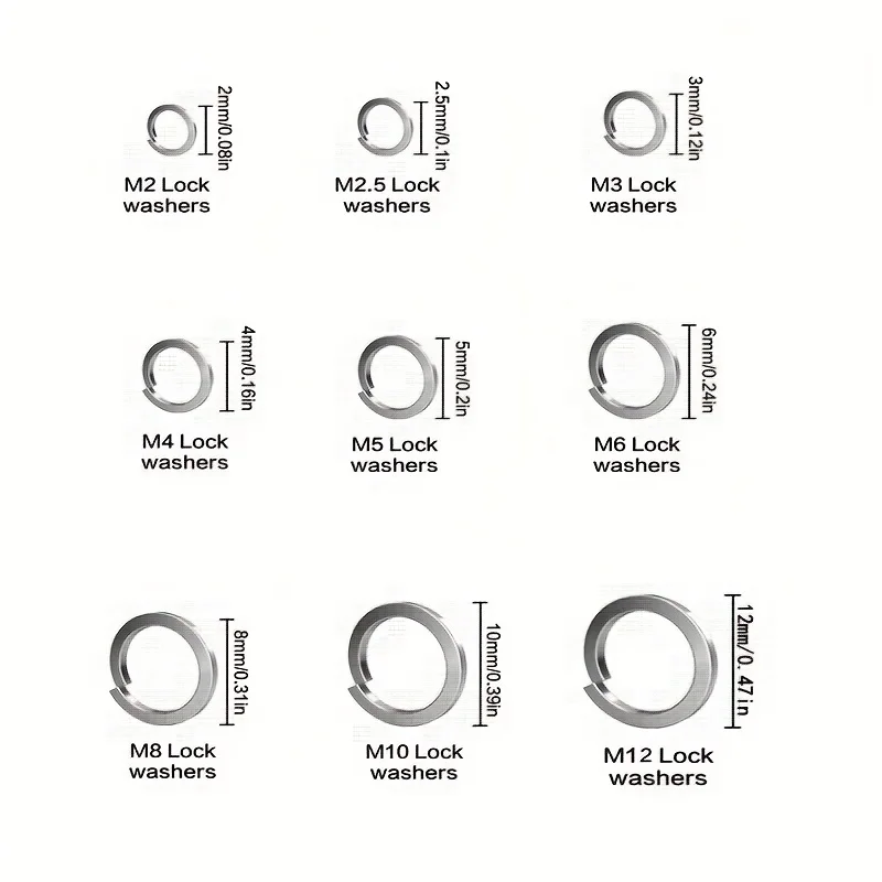 730-Piece 304 Stainless Steel Spring Washer Assortment Kit, 9 Sizes: M2, M2.5, M3, M4, M5, M6, M8, M10, M12