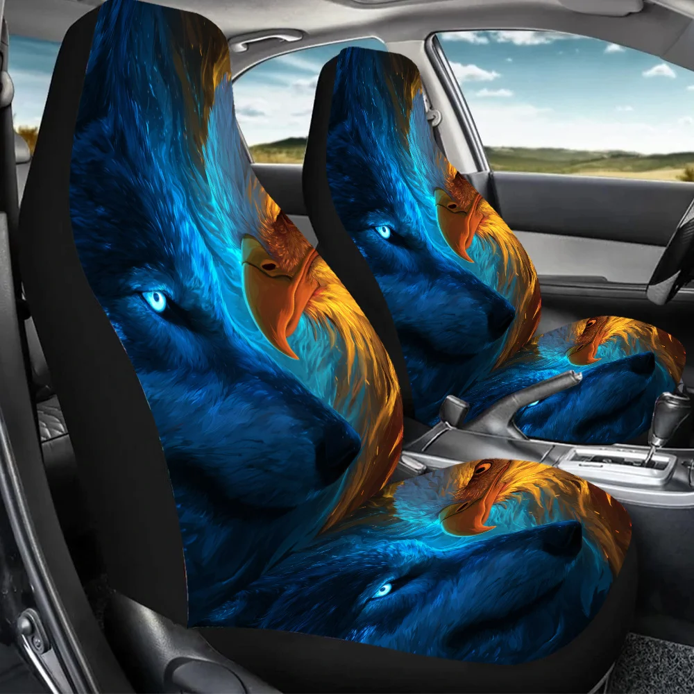 2pcs Wolf Eagle Fusion Car Seat Covers - Vibrant Blue & Orange Eagle Design, Fit For Cars, SUVs, Sedans - Durable Canvas Materia