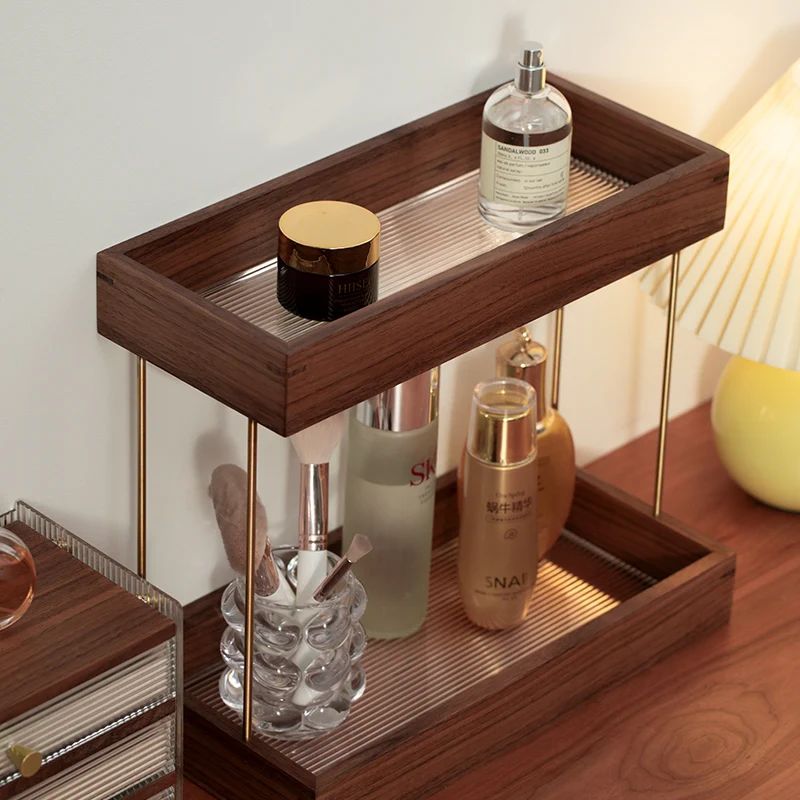 صندوق تخزين مستحضرات التجميل لسطح المكتب من الخشب الفاخر رف عطري مزدوج من الخشب الصلب
