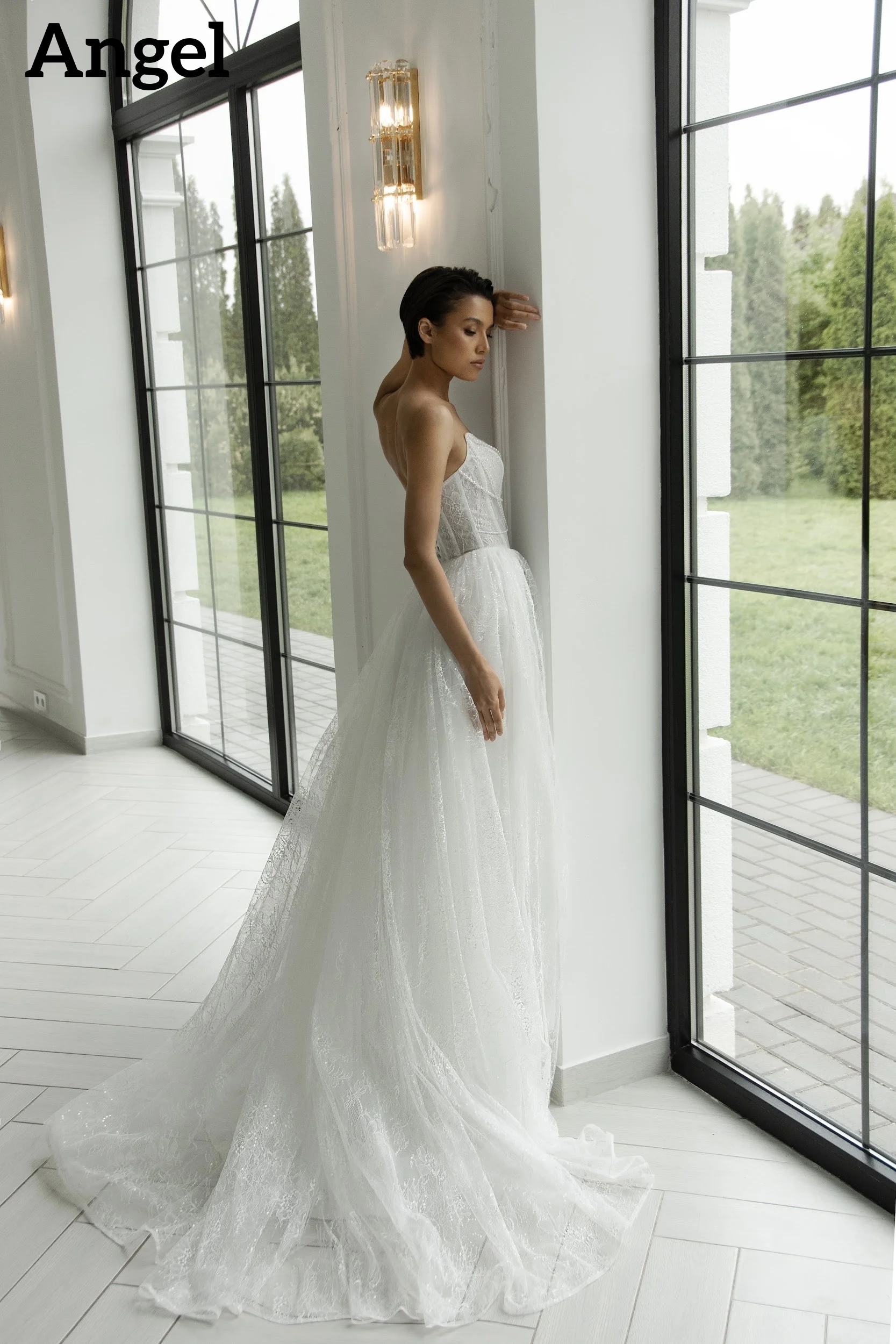 ANGEL Luxury Sparkle Wedding Dresses 2026 Strapless Lace Bride Dress With Train Ivory Bridal Gowns Vestidos De Novia Customized