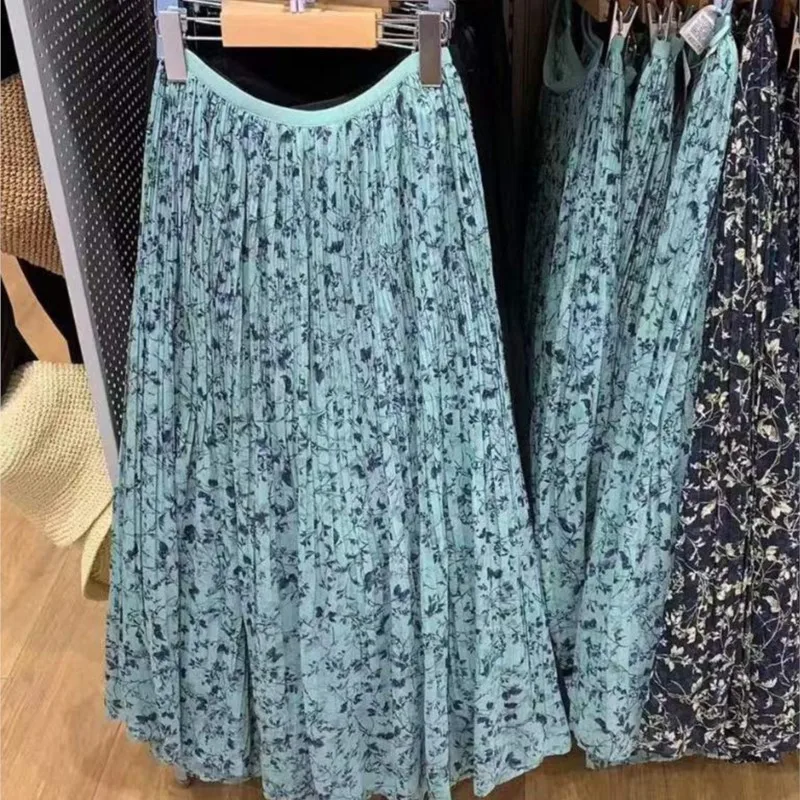 

Floral Print Fashion Long Skirt Chiffon Elastic Waist Sweet Chic Women Summer Skirt A-line Vacation Casual Pleat Skirt 2025 New