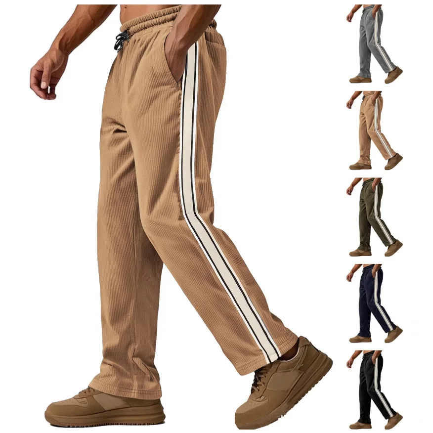 

Autumn Corduroy Straight Long Pants Men Drawstring Elastic Waist Sports Sweatpants Color Blocking Side Stripe Casual Trousers