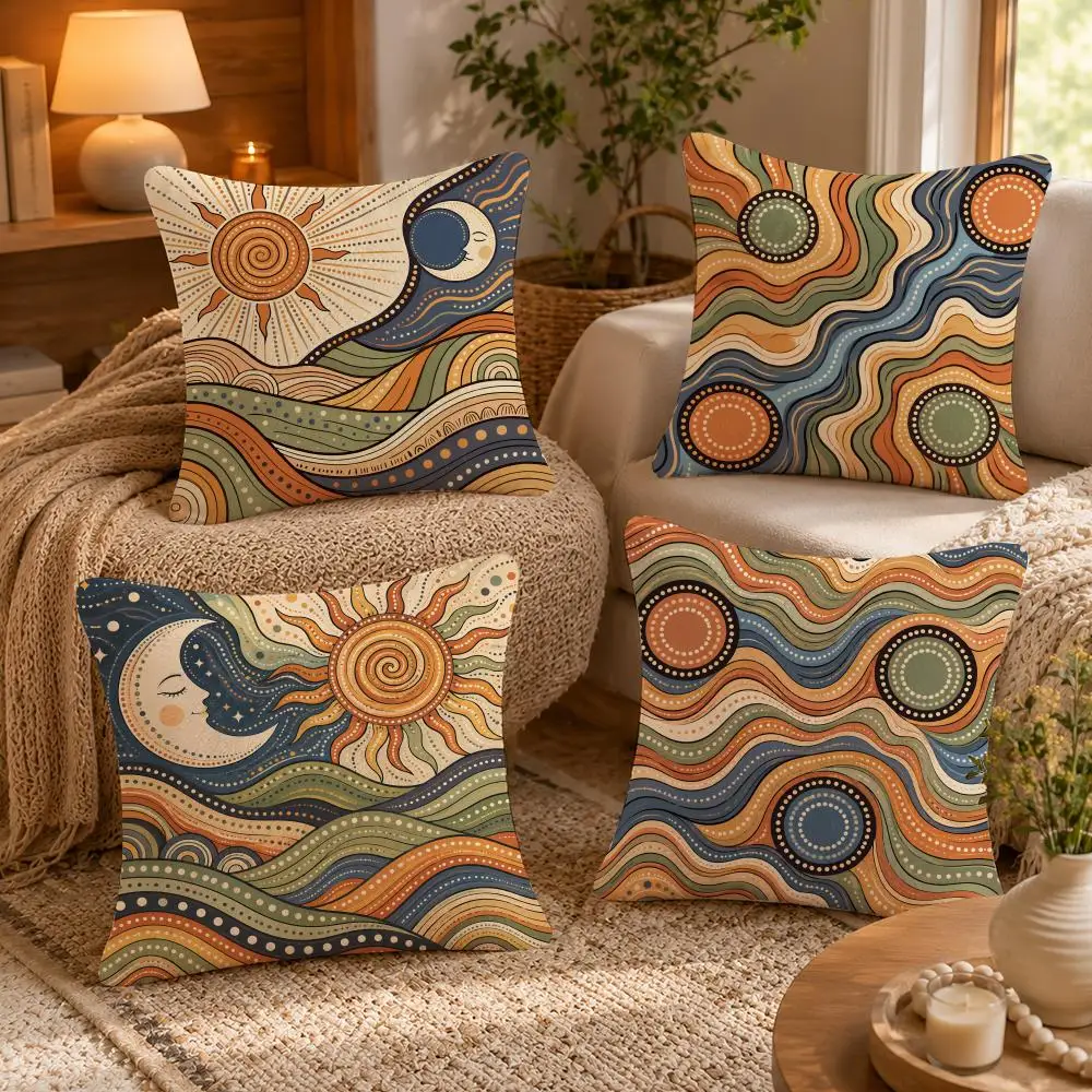 Bohemian Sun And Wave Pattern Cushion Cover Soft Short Plush Pillow Case Double Sided Print Washable Sofa Bed Home Decor Gift