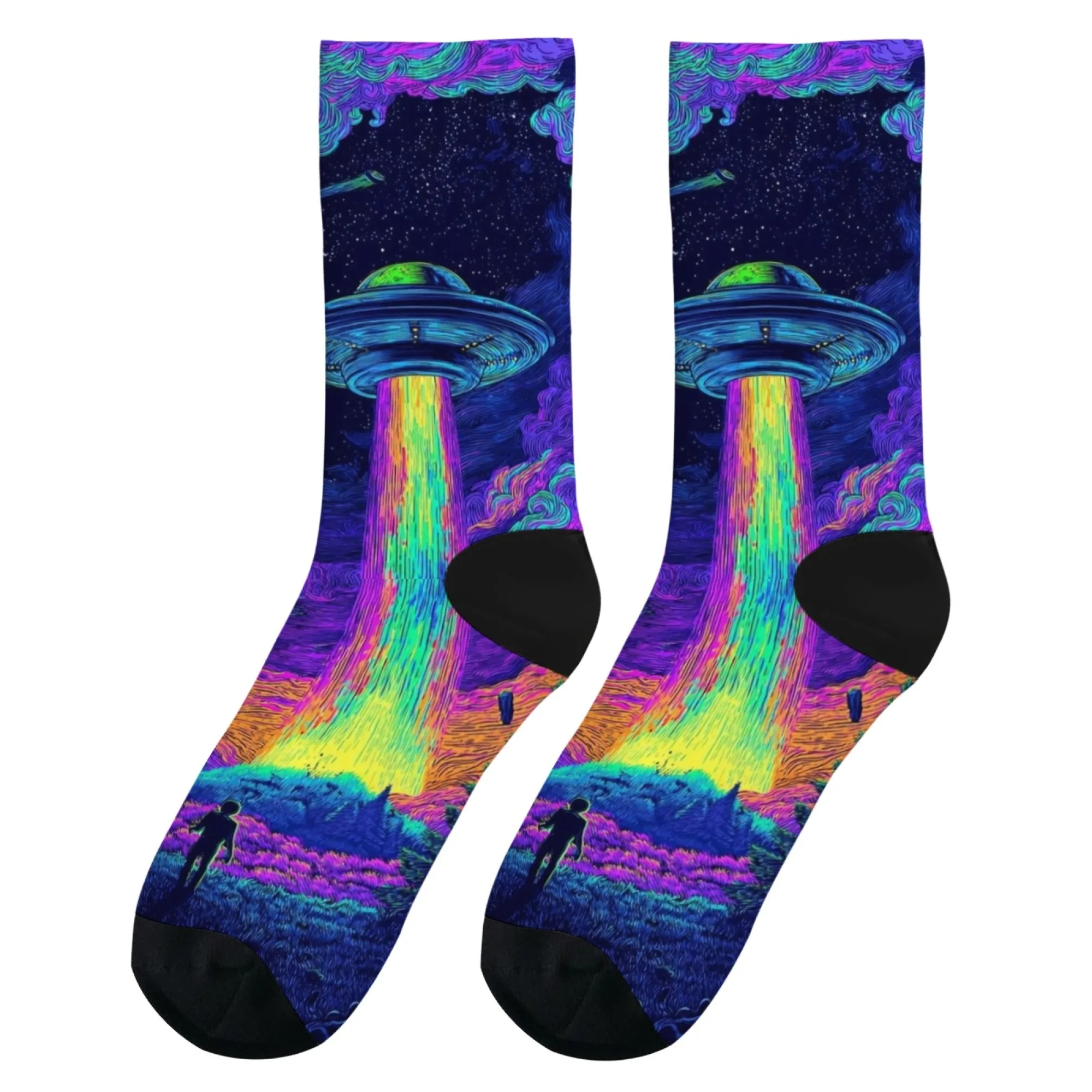 نيون Harajuku نمط الخيال العلمي UFO الرجال طاقم الجوارب مخدر قوس قزح ضوء شعاع والسماء المرصعة بالنجوم طباعة للجنسين العصرية الجوارب الموضة