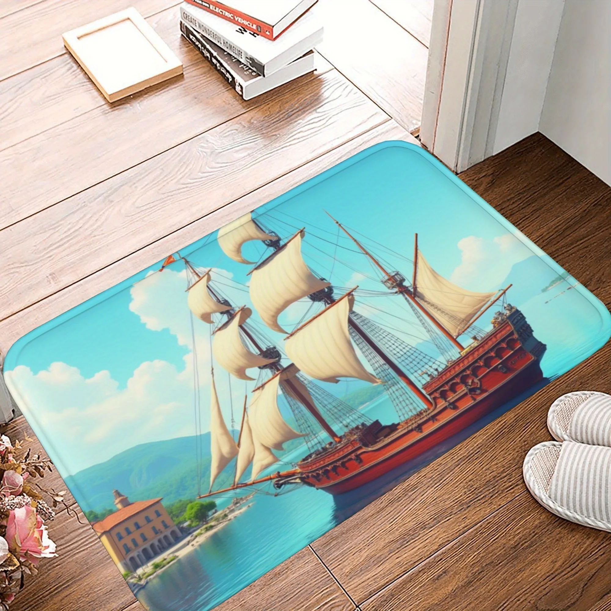 

1PC Boat pattern Kitchen Rug Non-Slip Door Mat Pop design Bathroom Rug Bath Mat Carpet for Home Sink Laundry Decoreeree