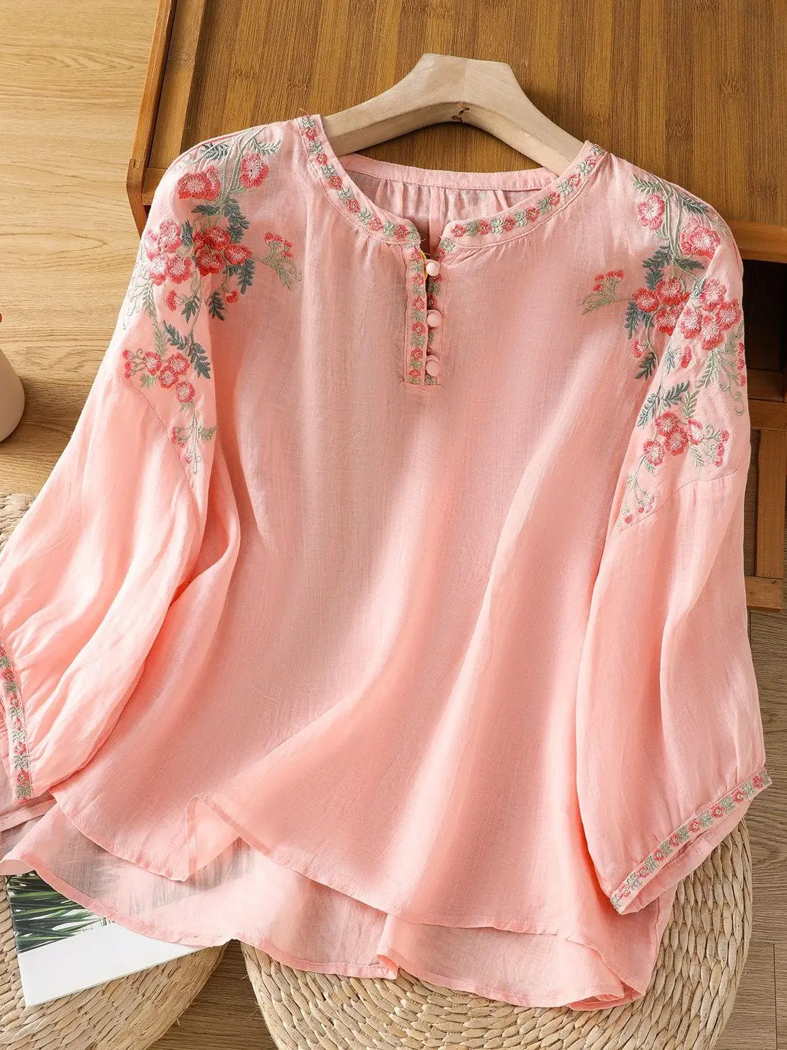 Retro Ethnic Style Heavy Embroidery Cotton Linen Shirt Women Thin Lantern Sleeve Linen Doll Loose Cotton Linen Top